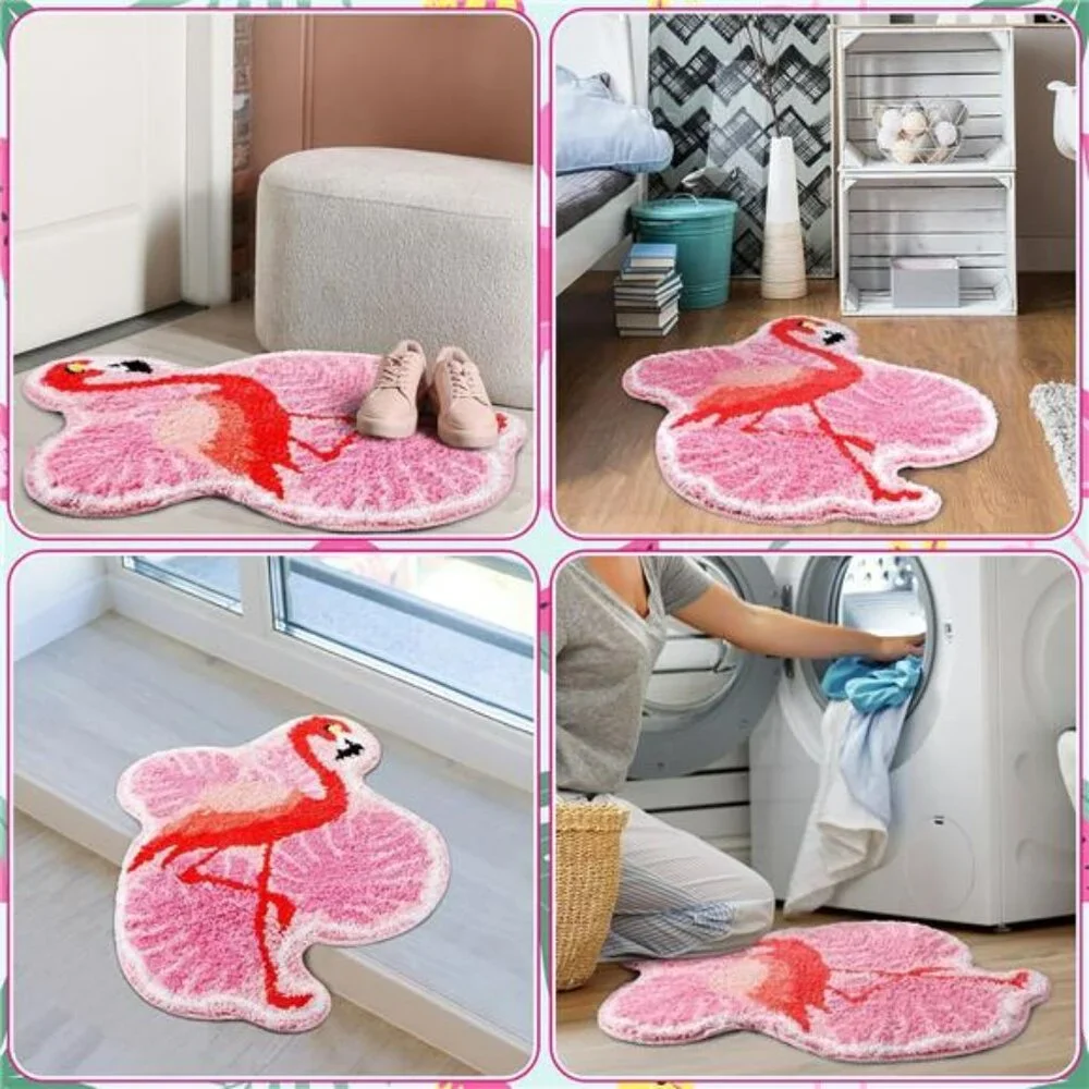 Pink Flamingo Palm Bath Mat Tropical Tufted Non Slip Bathroom Rug Soft Floor Dec